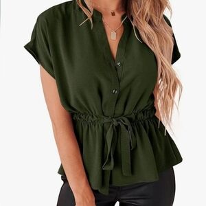 CiCiBird Women's Short Sleeve Shirt Green Tie Waist Button Down Size L